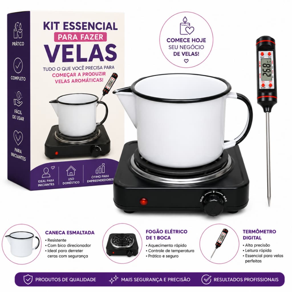 Kit Caneca Cerâmica Esmaltada 1L + Fogão de 1 Boca + termômetro digital