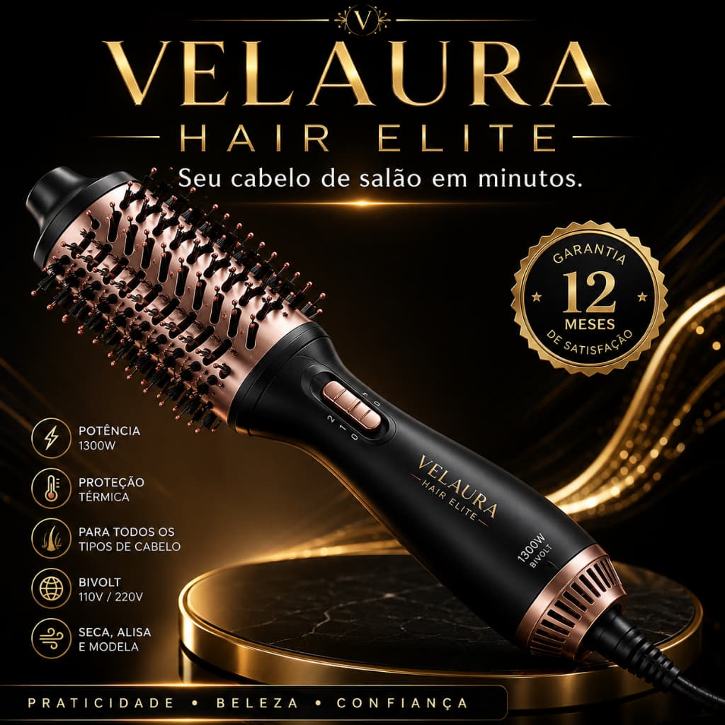 Escova Secadora Profissional 1300W Bivolt Veloura Hair Elite | Alisadora Modeladora 3 em 1 para Cabelos Lisos e Brilhant