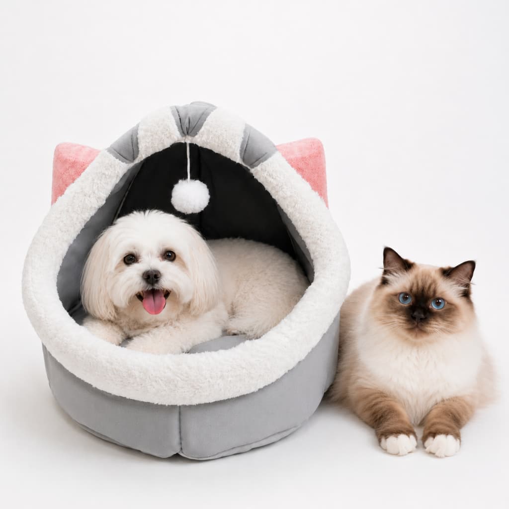 Casinha Cama Toca Pelúcia Cabana Tenda Luxo Pet Gatos Cinza Rosa Iglu Cachorro Confortável