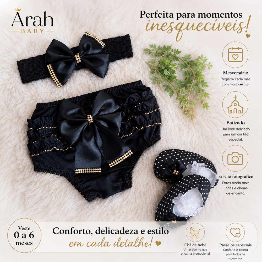 Kit Calcinha Bunda Rica Babado Bebê Menina Tapa Fralda Infantil Tiara Sapatinho Luxo com Laço Strass