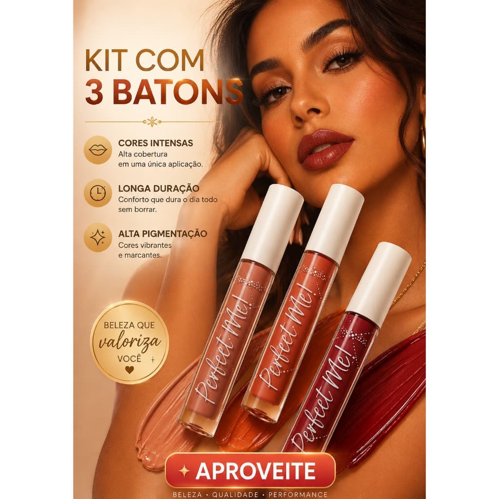 Kit 3 Batons Líquidos Febella Perfect Me – Matte Alta Fixação – Longa Duração – Cores Sortidas