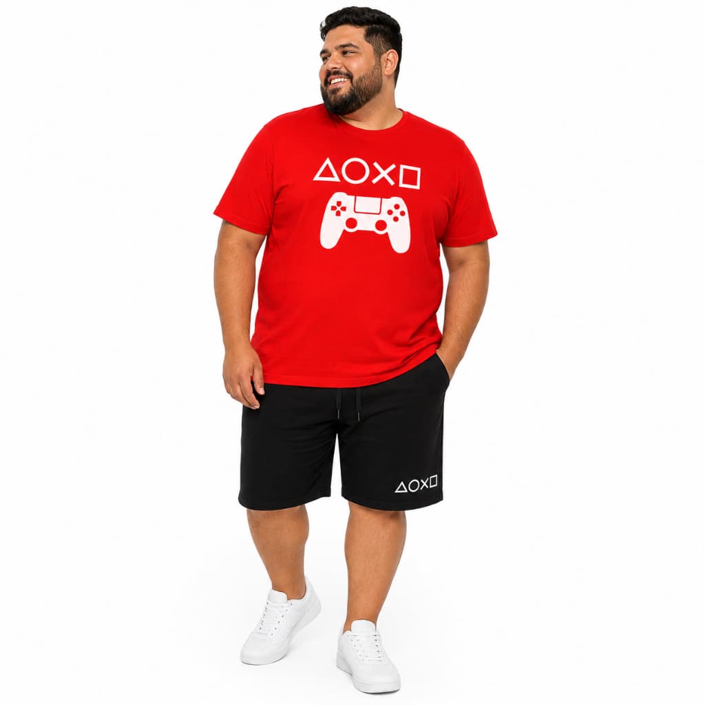 Kit Camiseta e Bermuda Moletom Plus Size Gamer Controle PS4 Video Game Jogos