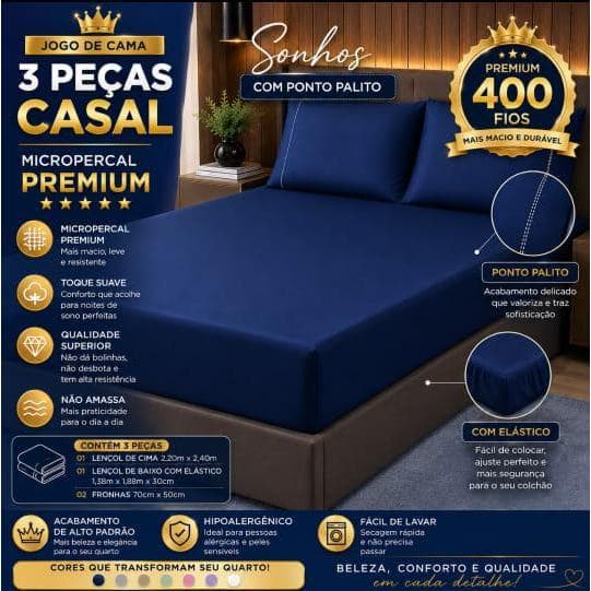 Jogo de Lençol Casal 3 Peças Micropercal 400 Fios Ponto Palito - Premium