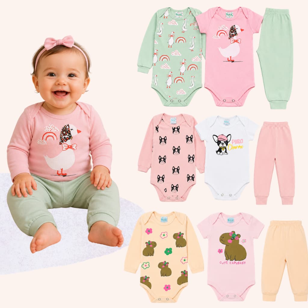 Kit 3 Peças Roupa de Bebê Body Manga Longa e Calça Bebê Feminino Roupa Bebê Menina