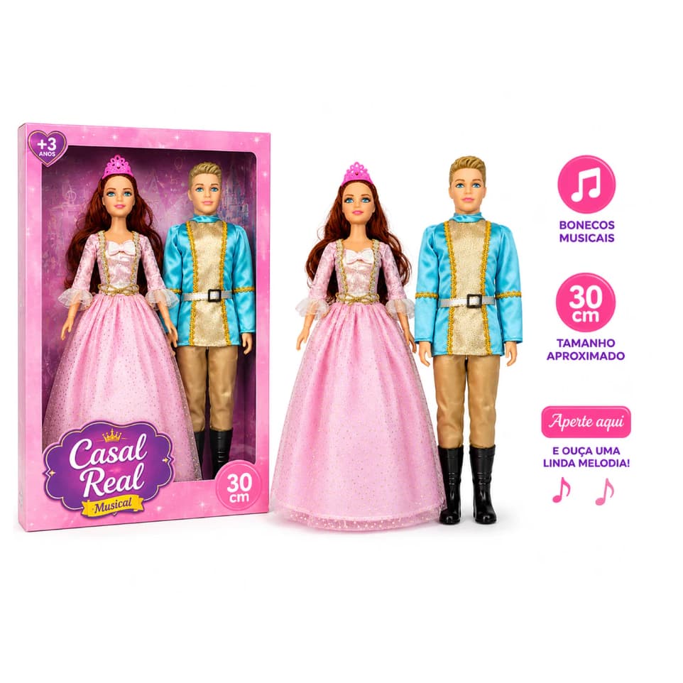 Kit Especial Casal Boneca Princesa + Príncipe Articulados Luxo com Roupas Detalhadas Musical