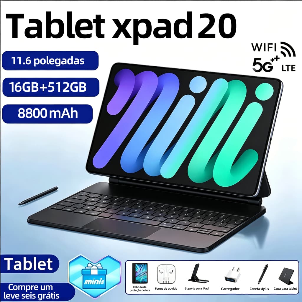 Tablet XPAD20 com Teclado e Mouse Grátis | 16GB RAM 512GB | Tela HD 11.6" | Android 15 | 5G