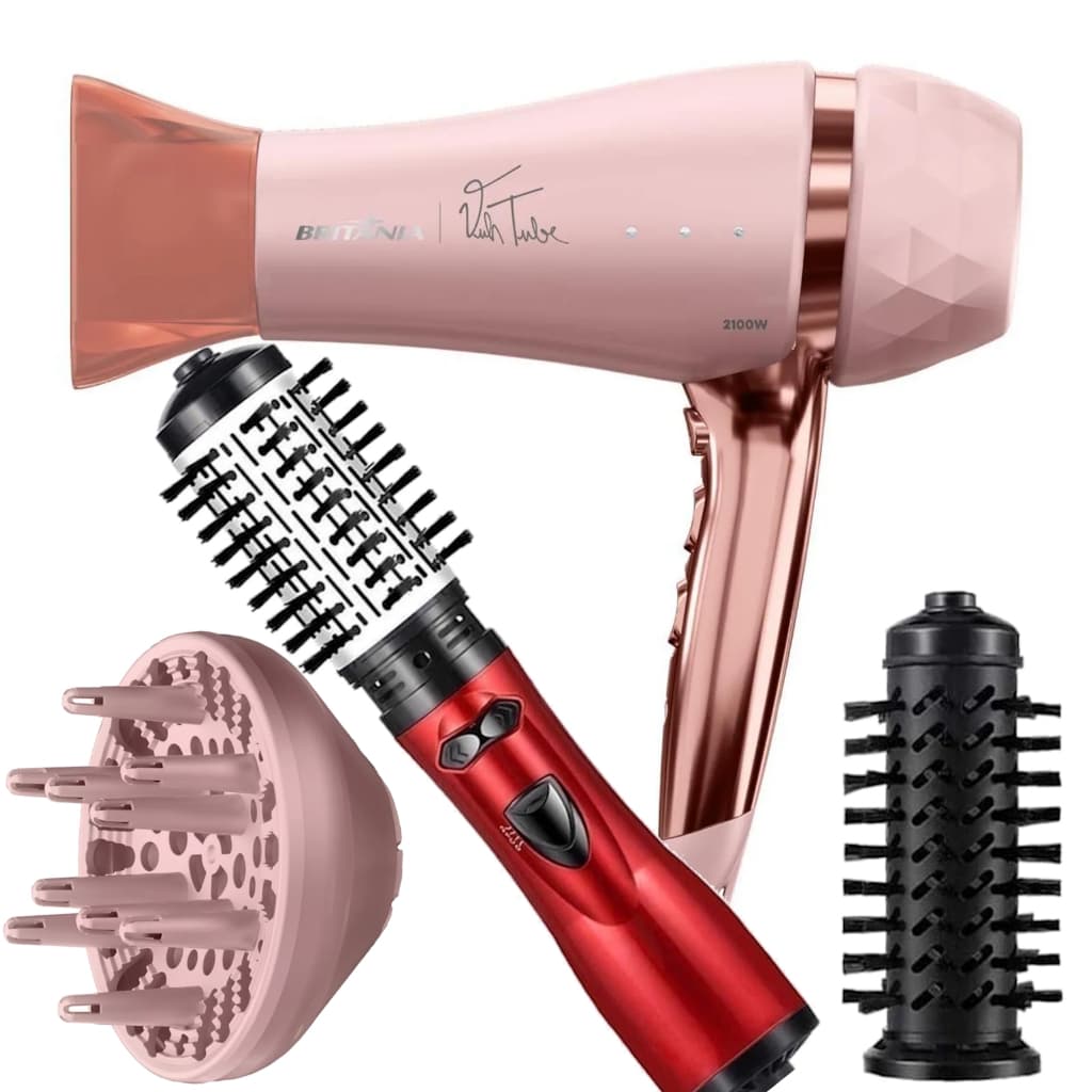 Secador De Cabelo Britania Profissional 2100w Ions Tourmaline Ar Quente Frio Bivolt Difusor Escova 4 em 1 1300w Rotativa
