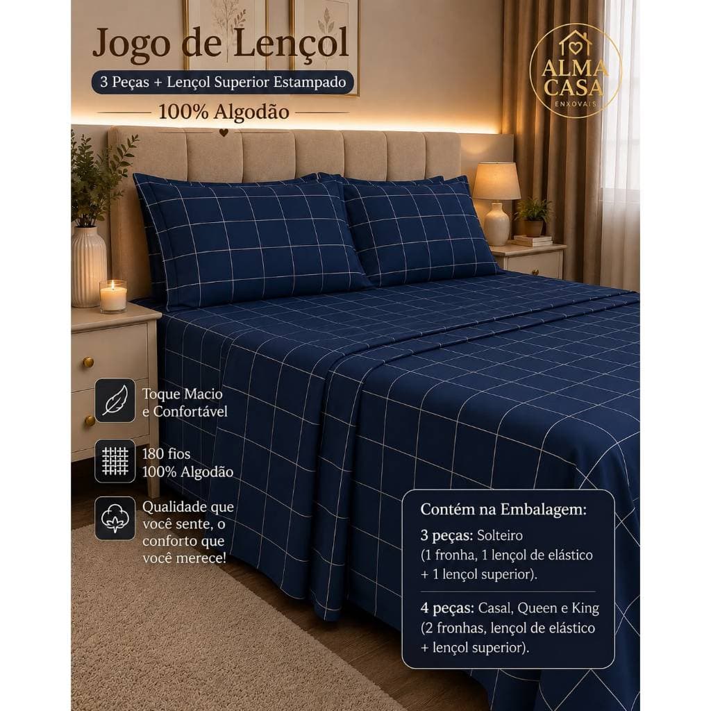 JOGO DE LENÇOL 4 PEÇAS COM LENÇOL SUPERIOR 100% ALGODÃO SOLTEIRO CASAL QUEEN KING