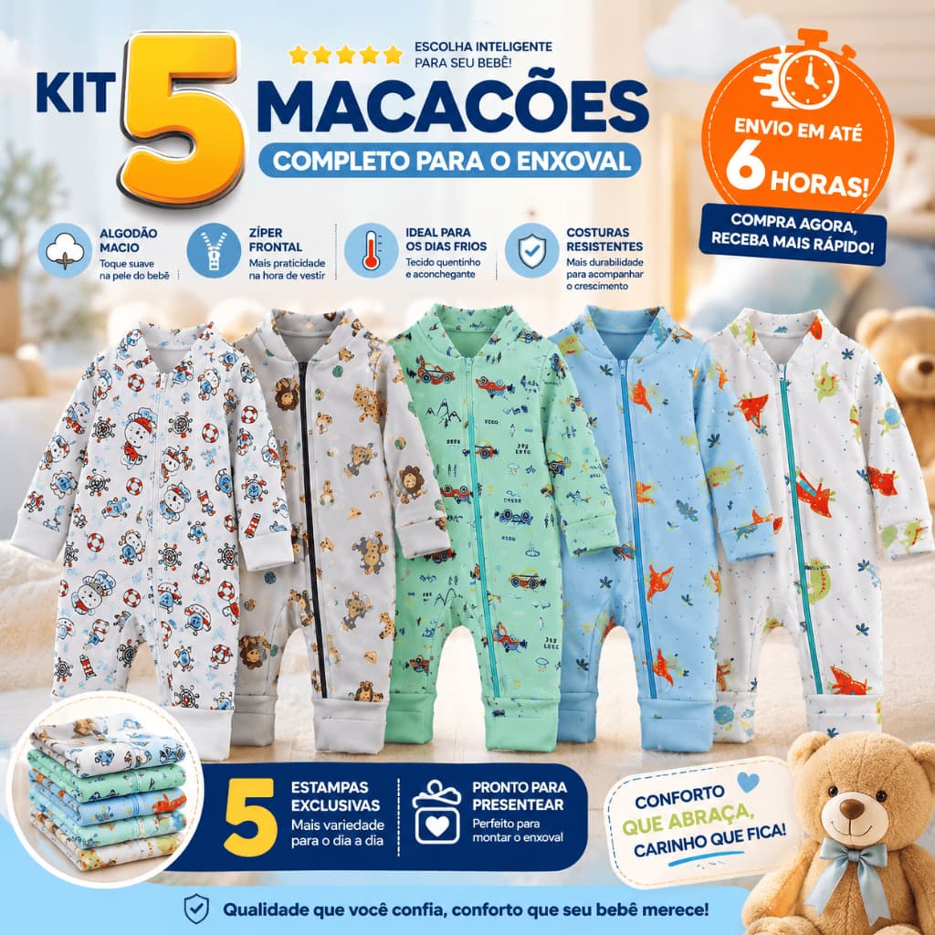 Kit 5 Macacão Bebê Estampado Ziper Menino Algodão Vira Pé Inverno Enxoval Macio Inverno
