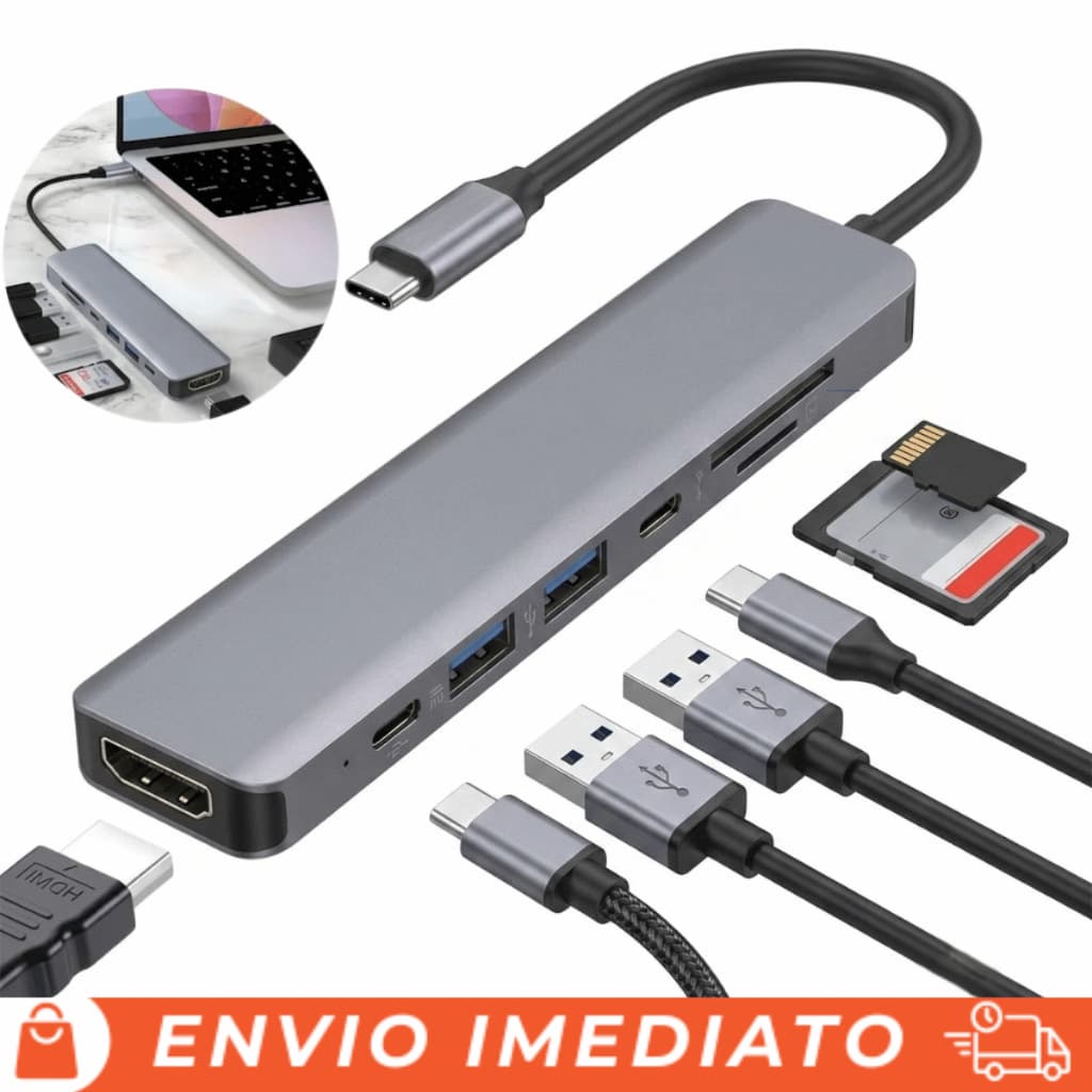 Hub USB-C 7 em 1 Adaptador HDMI 4K USB 3.0 PD 100W p/ MacBook Notebook