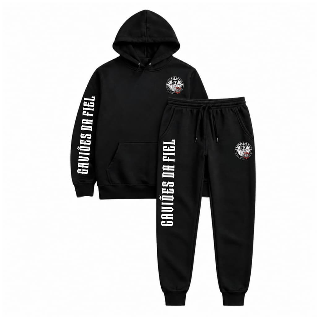 Conjunto Moletom Torcida Organizada Gaviões da Fiel Corinthians Algodão Flanelado Blusão com Capuz