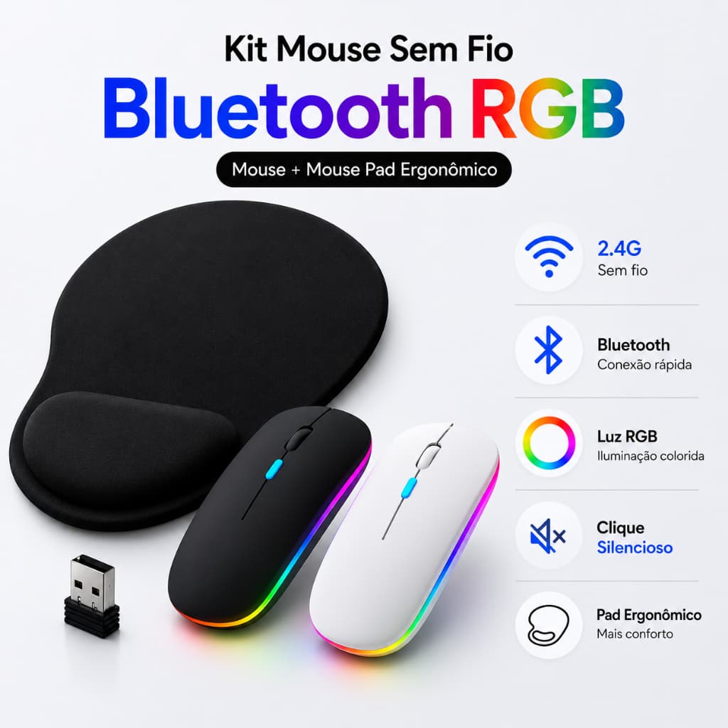 Kit Mouse sem Fio Bluetooth Recarregável RGB + Mouse Pad Ergonômico Apoio de Punho