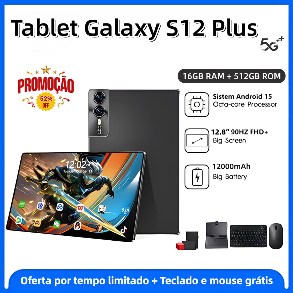 【Teclado e mouse gratuitos】Tablet  Galaxy S12 Plus 16 GB + 512 GB 12000 mAh 12,8 HD Dual-SIM Android 5G wifi preço baixo