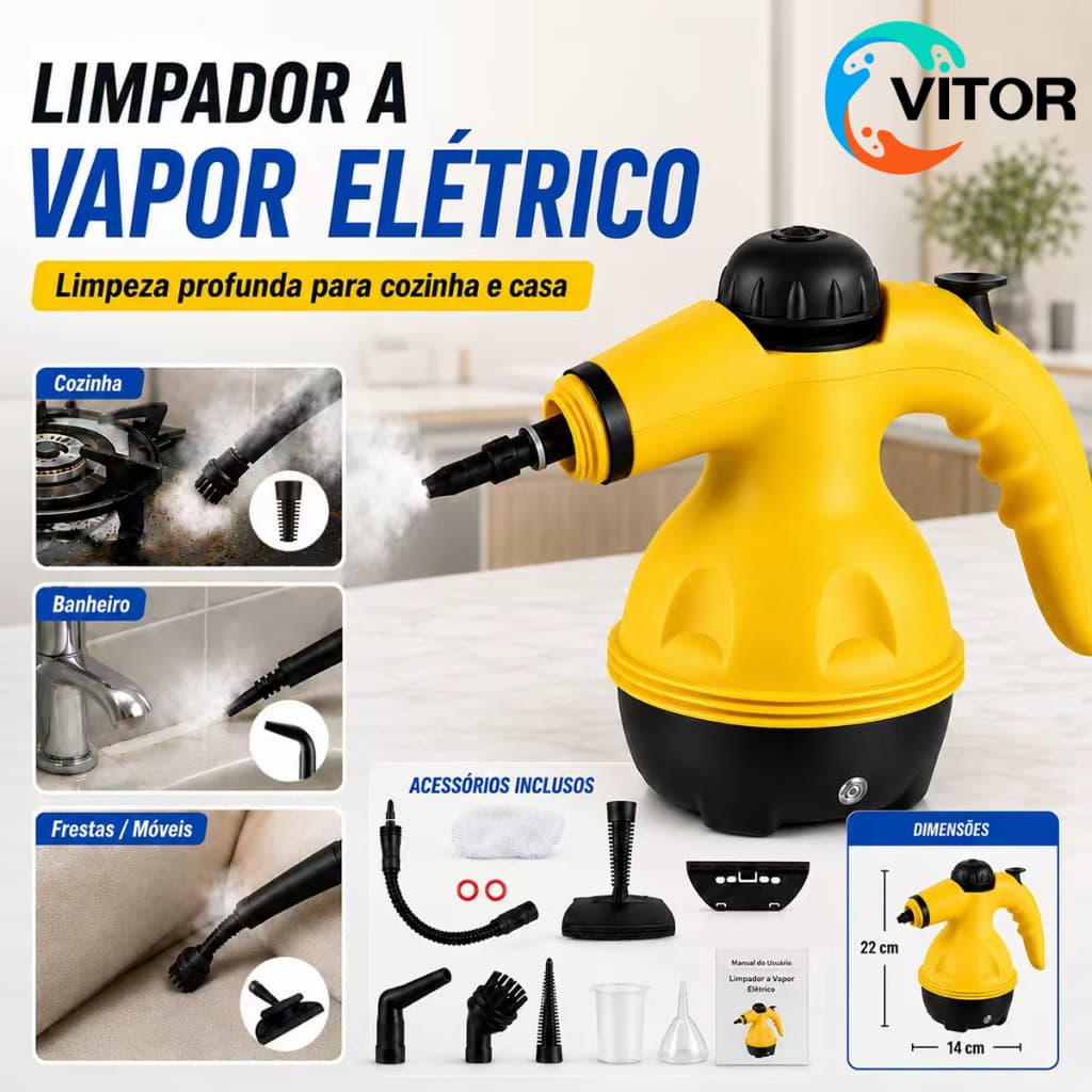 Limpador de Vapor Portátil 1100W Alta Pressão para Cozinha e Banheiro | Máquina 110V com Vários Acessórios VITOR