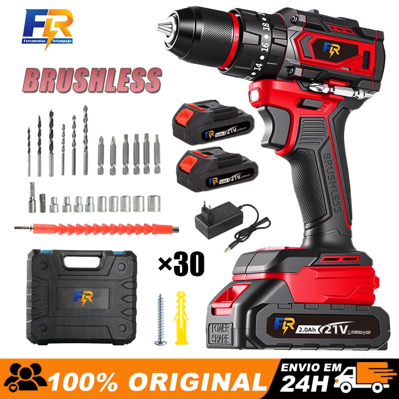 Parafusadeira Furadeira Impacto Brushless 21V Alto Torque 70Nm Duas Baterias Íon De Lítio 2.0Ah