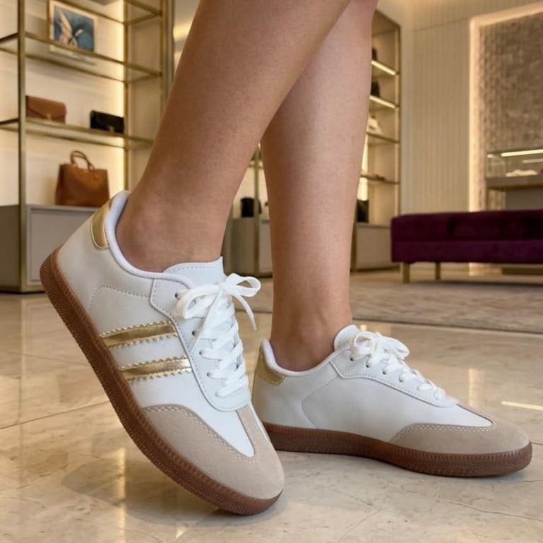 Tenis Branco Feminino DONNA Calçados  Confortável Branco Dourado Casual Moda Tendência Leve Macio