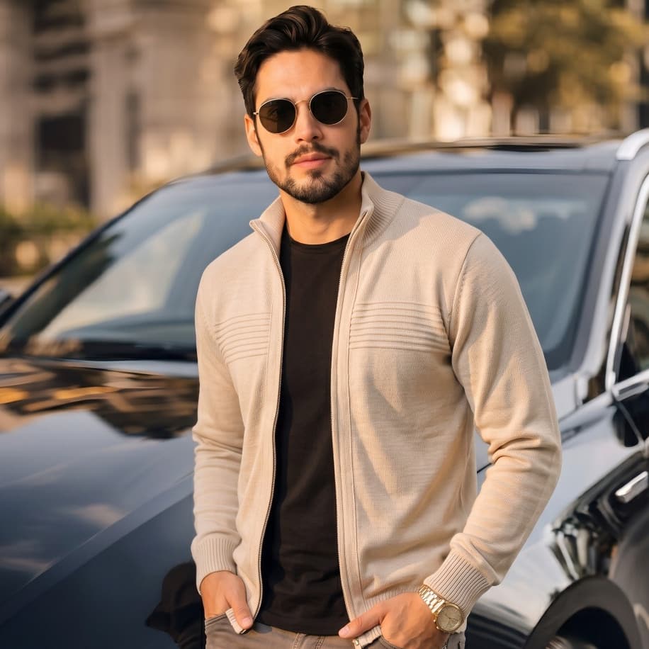 Casaco Masculino Tricot com Zíper Gola Alta Jaqueta de Frio Inverno Casual Premium