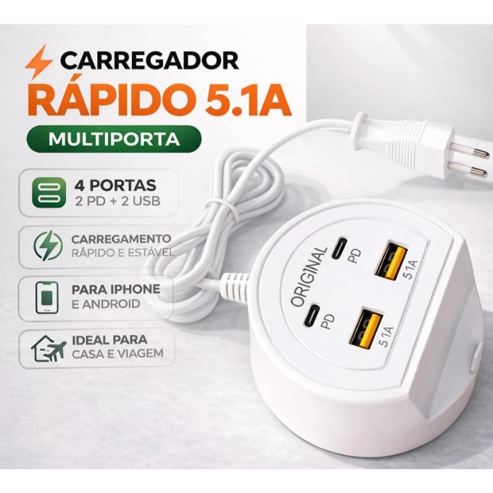 Carregador 2em 1 Turbo 5.1A Rápido USB Tipo C Suporte p/ Celular Universal Tomada Parede Bivolt Mesa