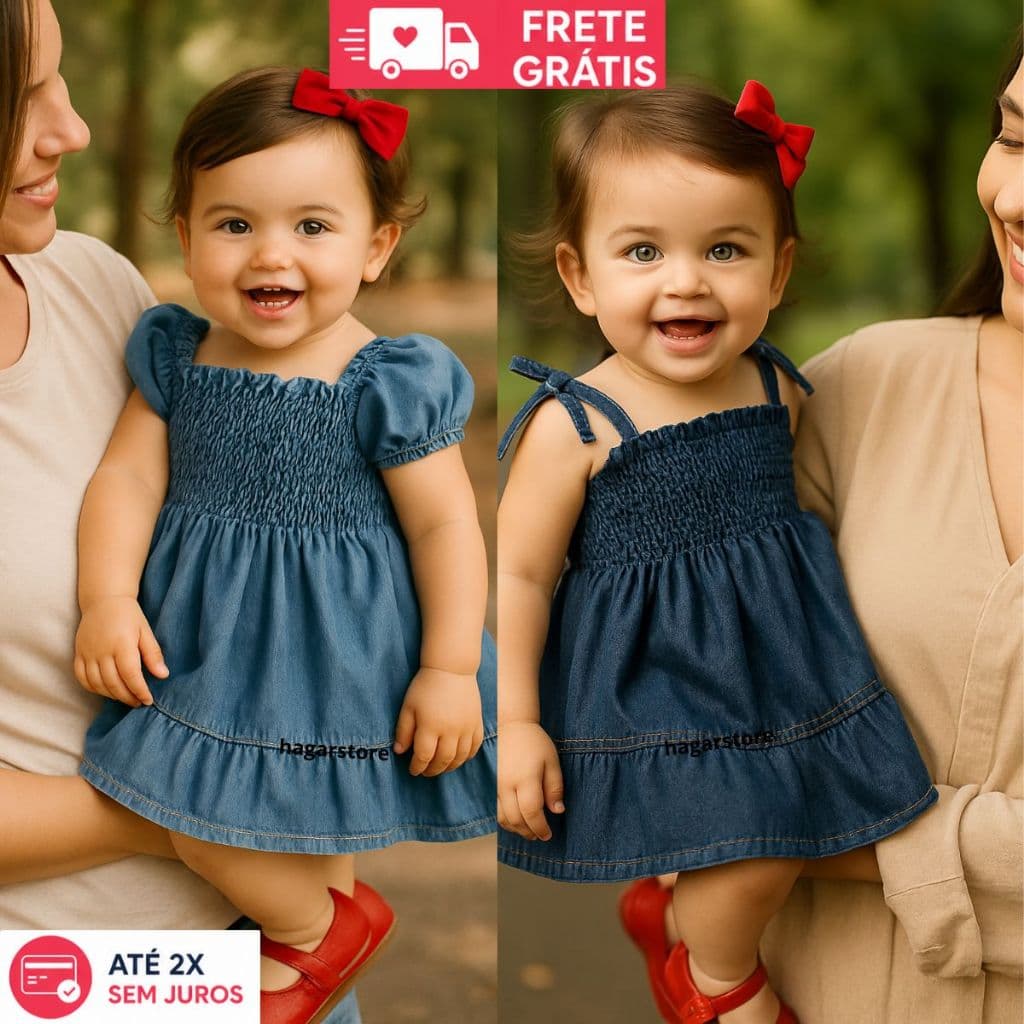 Kit 2 Vestidos Jeans Com Manga/Alça Infantil Menina Bebe Elastex Confortável Fresco Estilosa