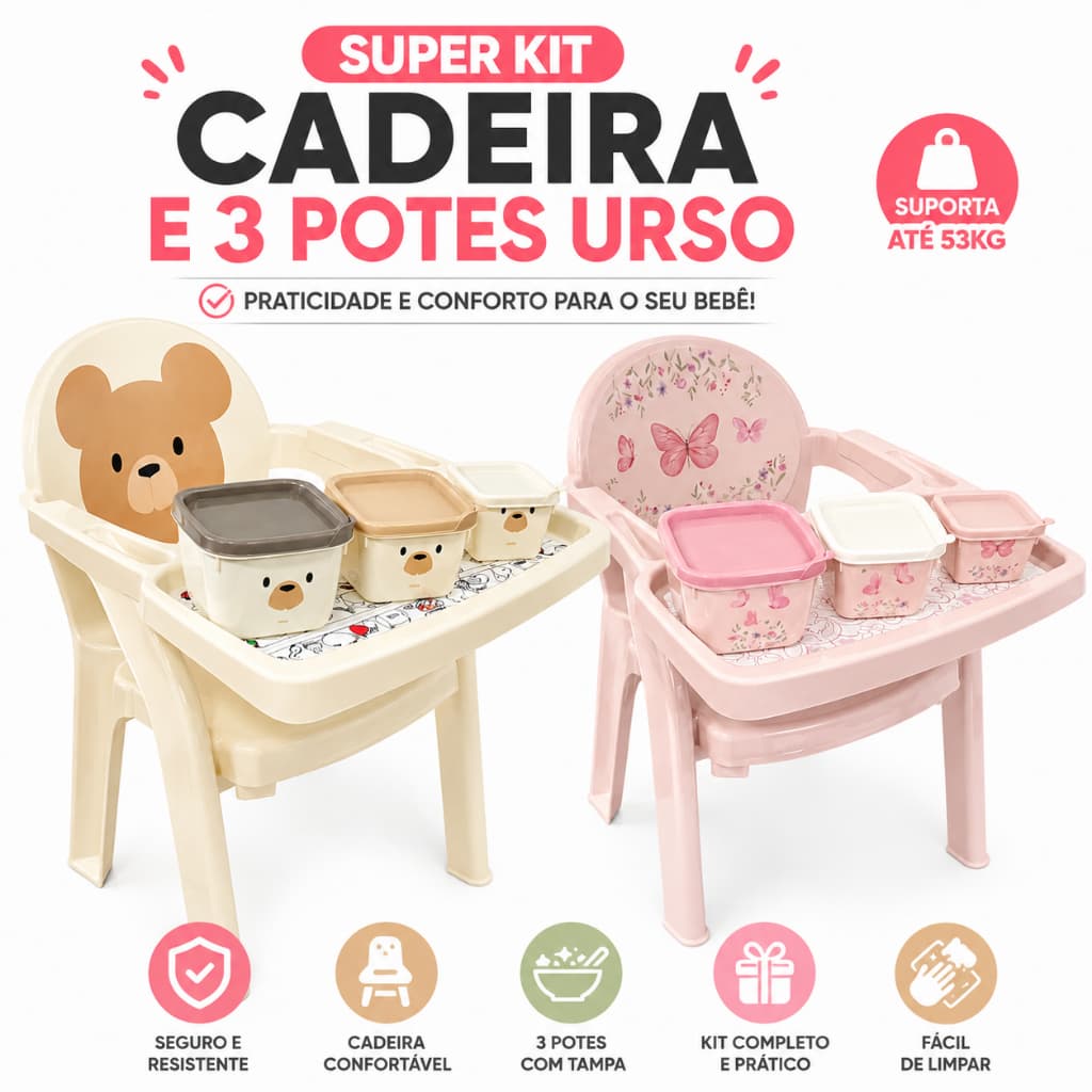 Poltrona Cadeira de Alimentação Bebê Infantil + 3 Potes Urso BPA Free Rosa/Creme