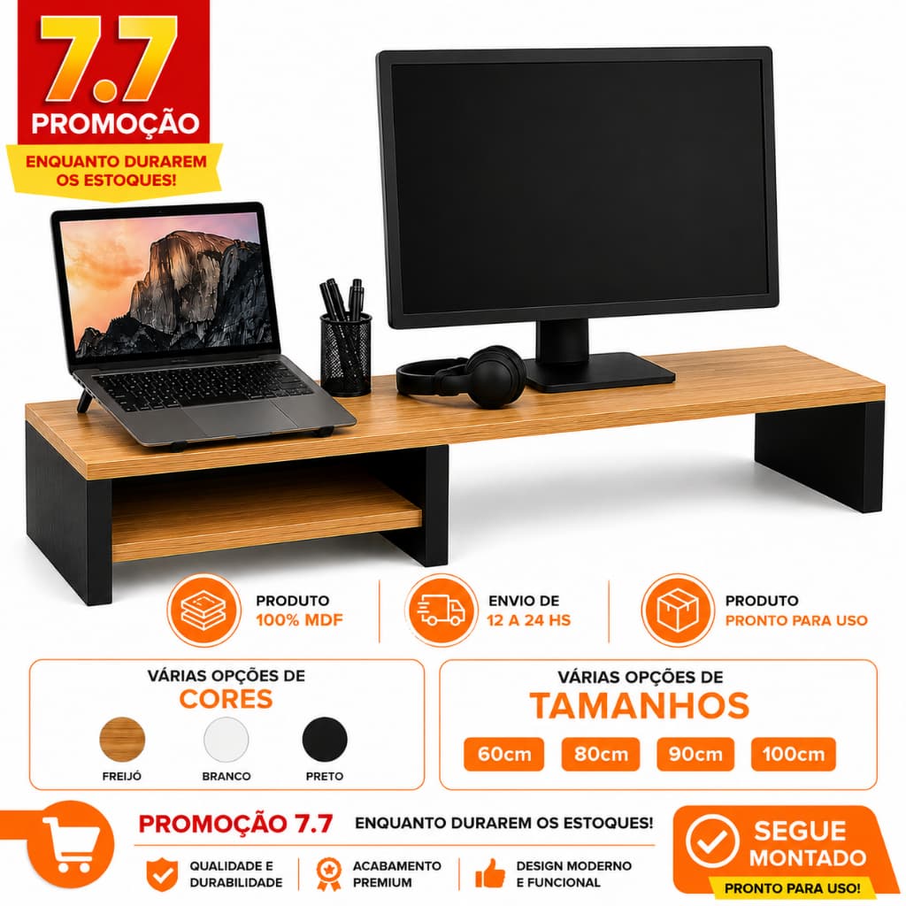 Suporte para Monitor Gamer 80cm/90cm/100cm – Mesa de Escritório Home Office – Resistente e Compacto