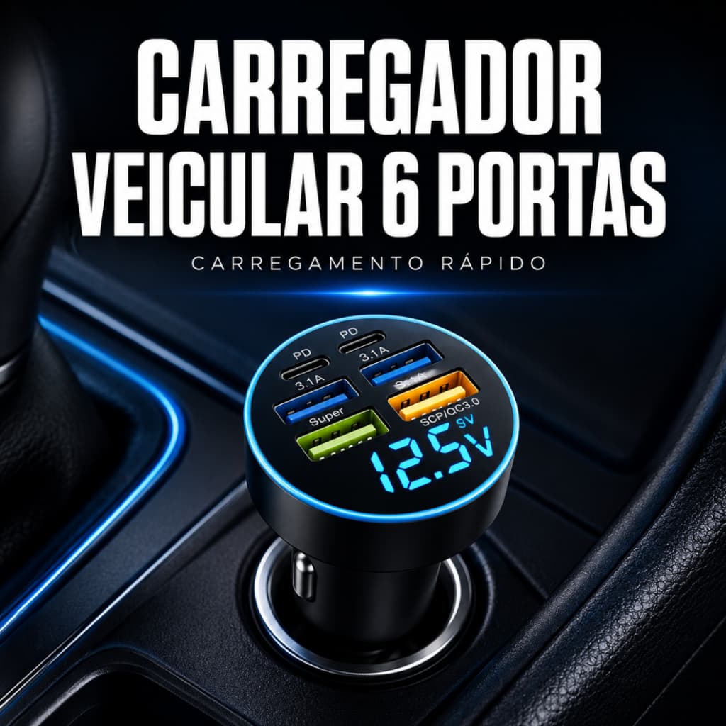 Carregador Veicular 6 Portas Usb C Turbo Celular Universal Carro Carrega Rápido Multiuso