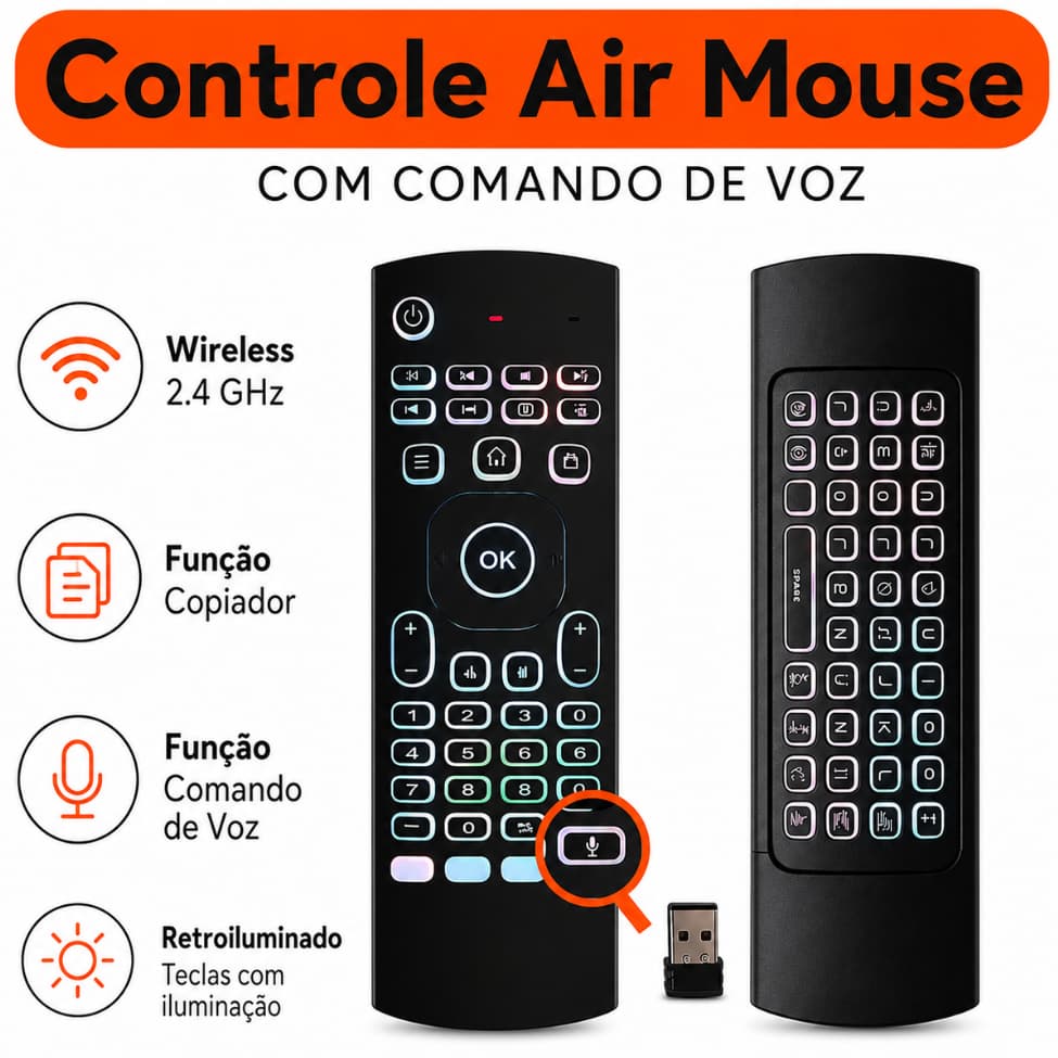 Controle Remoto Air Mouse com Teclado, Luz LED e Comando de Voz Compatível Android Smart Tv, PC