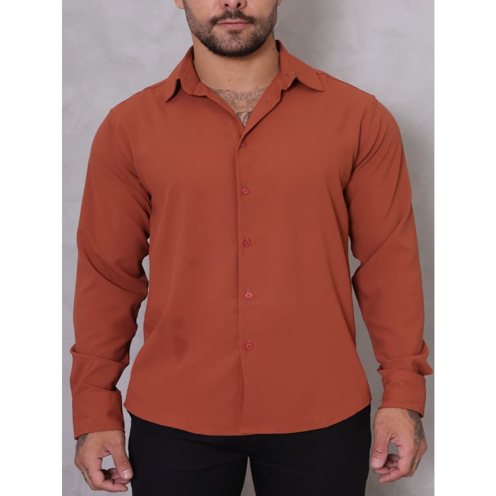 Camisa Social Masculina Manga Longa Slim Tecido Micro Fibra Fit Elegante Spandex para Escritório e Eventos
