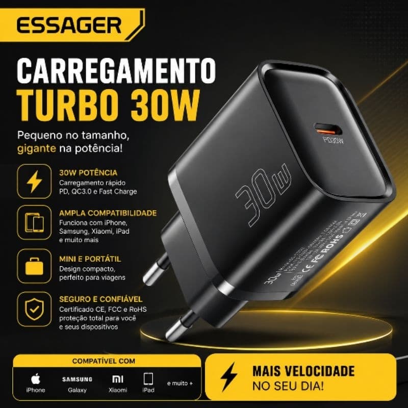 Carregador 30w Turbo Carregamento Super Rápido iPhone Android Celular Tablet Potente Essager