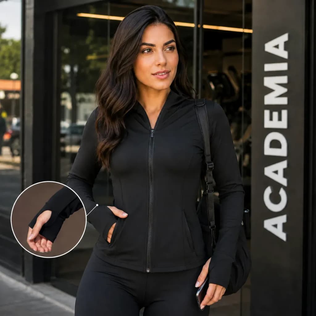 Jaqueta Dry Fitness Feminina Roupa Academia Bolso Capuz Leve