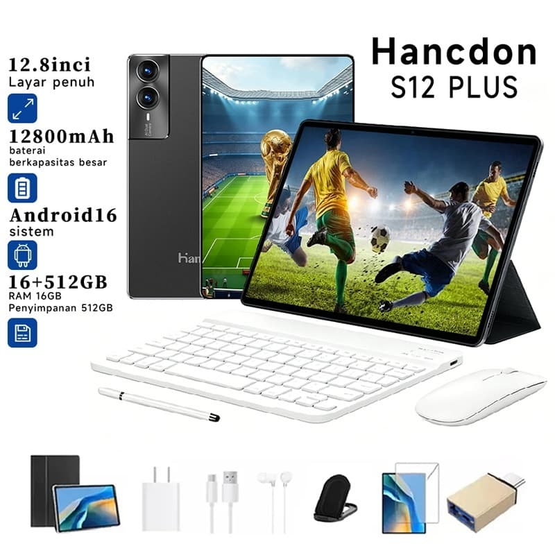 【Hancdon S12 Plus】Galaxy Tablet 12.8" 2K FHD+ 16GB RAM + 512GB ROM | 12800mAh Bateria | Android 16 |  GPS +Quad Speakers
