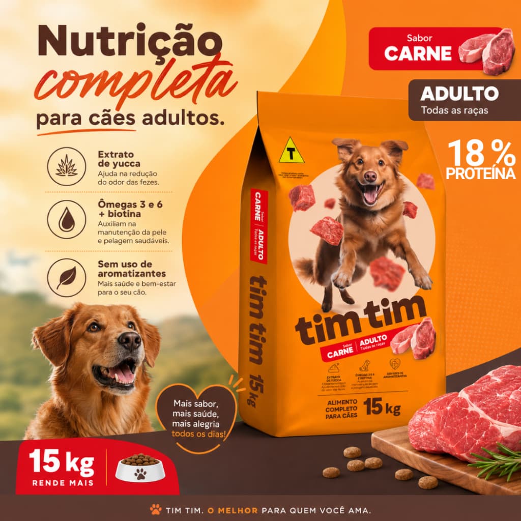 Ração para Cachorro Cães Adultos 18% Proteína Tim Tim Dog Sabor Carne 15 Kg