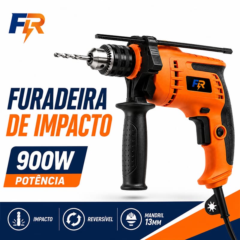 Furadeira Parafusadeira de Impacto Elétrica 900W Mandril 13mm Reversão Automática para Reformas e Obras