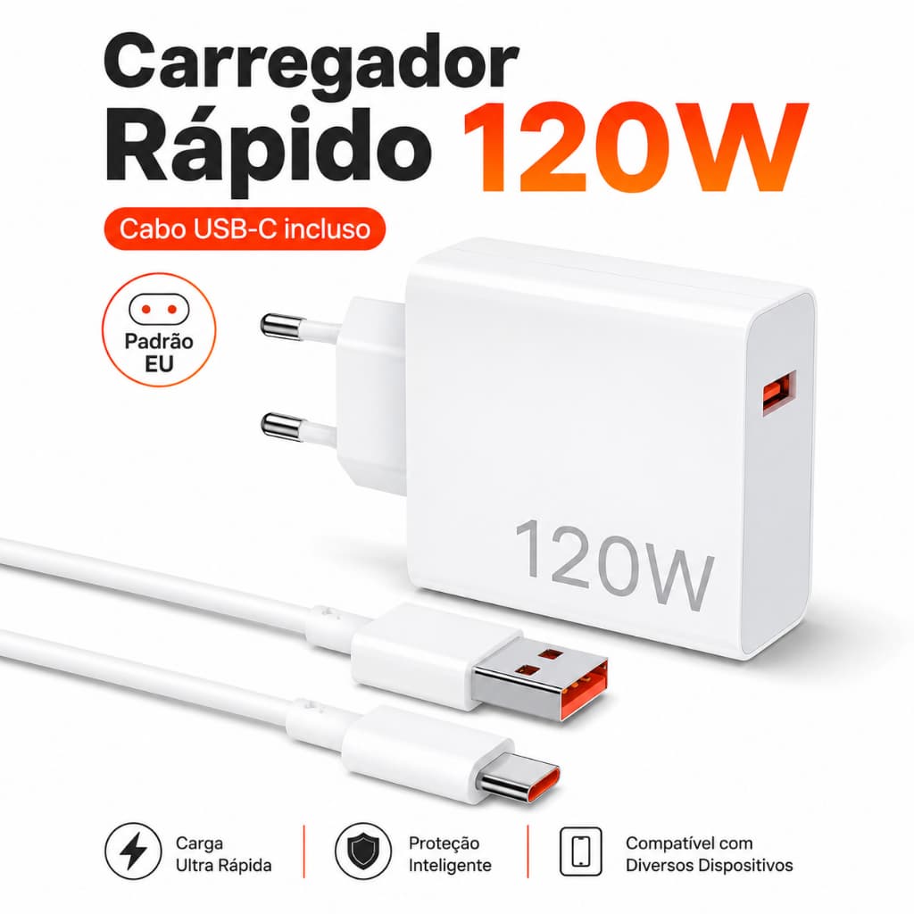 Carregador Turbo 120W com Cabo USB para Tipo C Carga Rápida Fonte de Parede Plugue Europeu para Celular