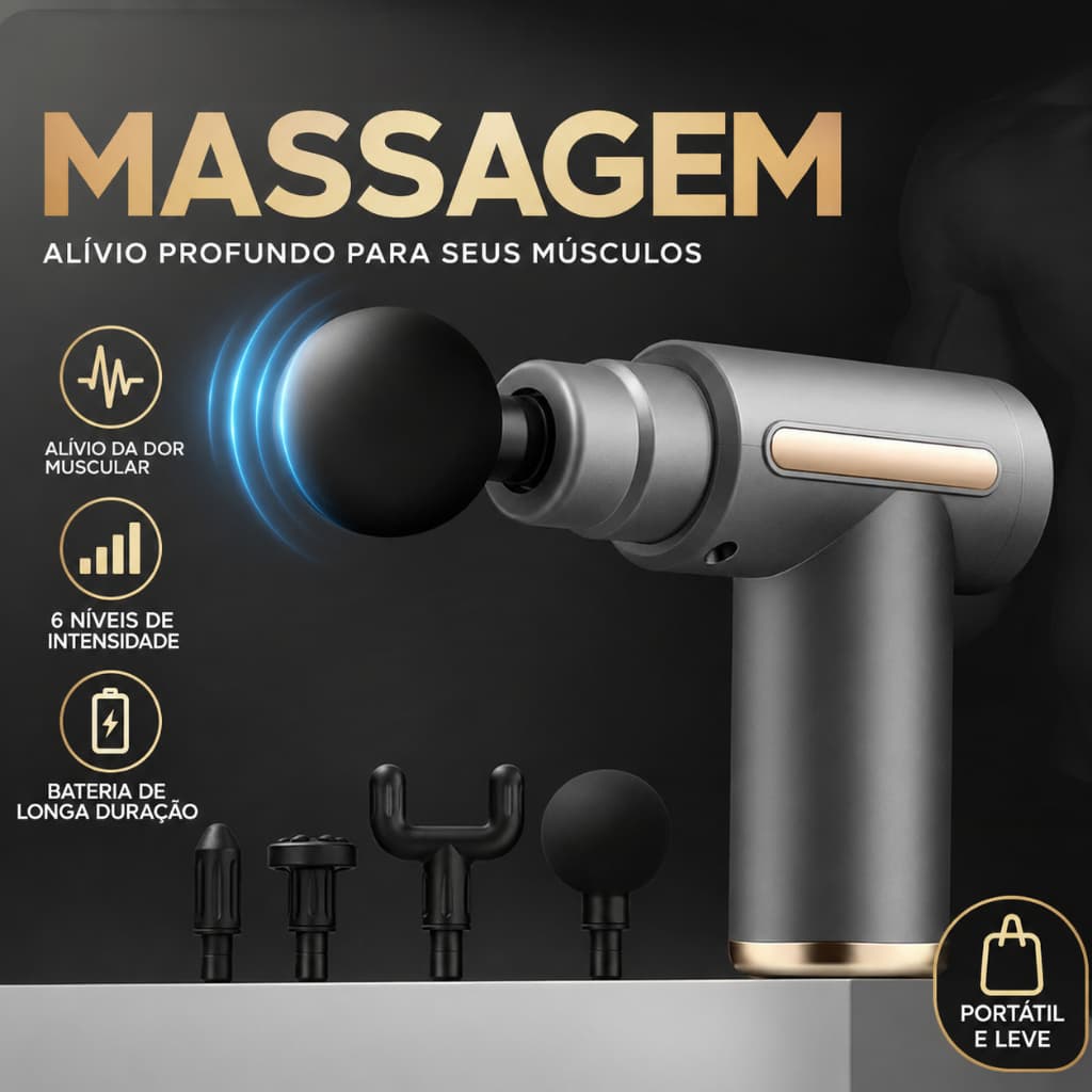 Massageador Muscular Portátil 6 Níveis 4 Cabeças Motor Potente Silencioso Recarregável Tipo-C