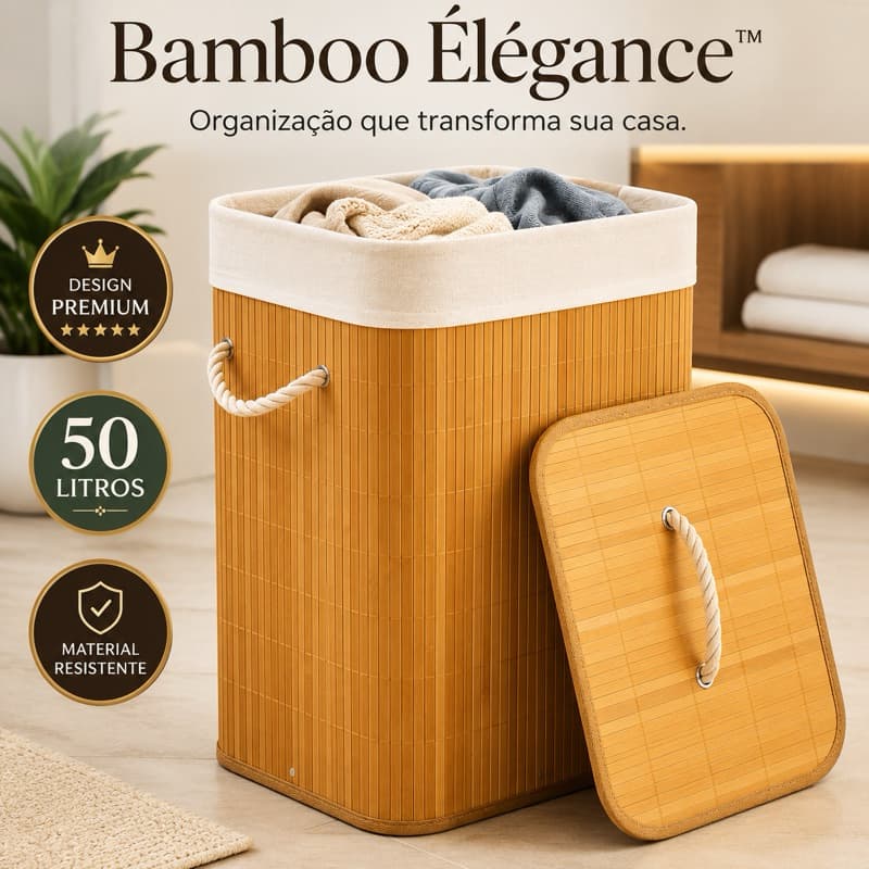 Cesto De Roupa Suja Bambu Dobravel Organizador Forrado Banheiro 50L Cesto Retangular