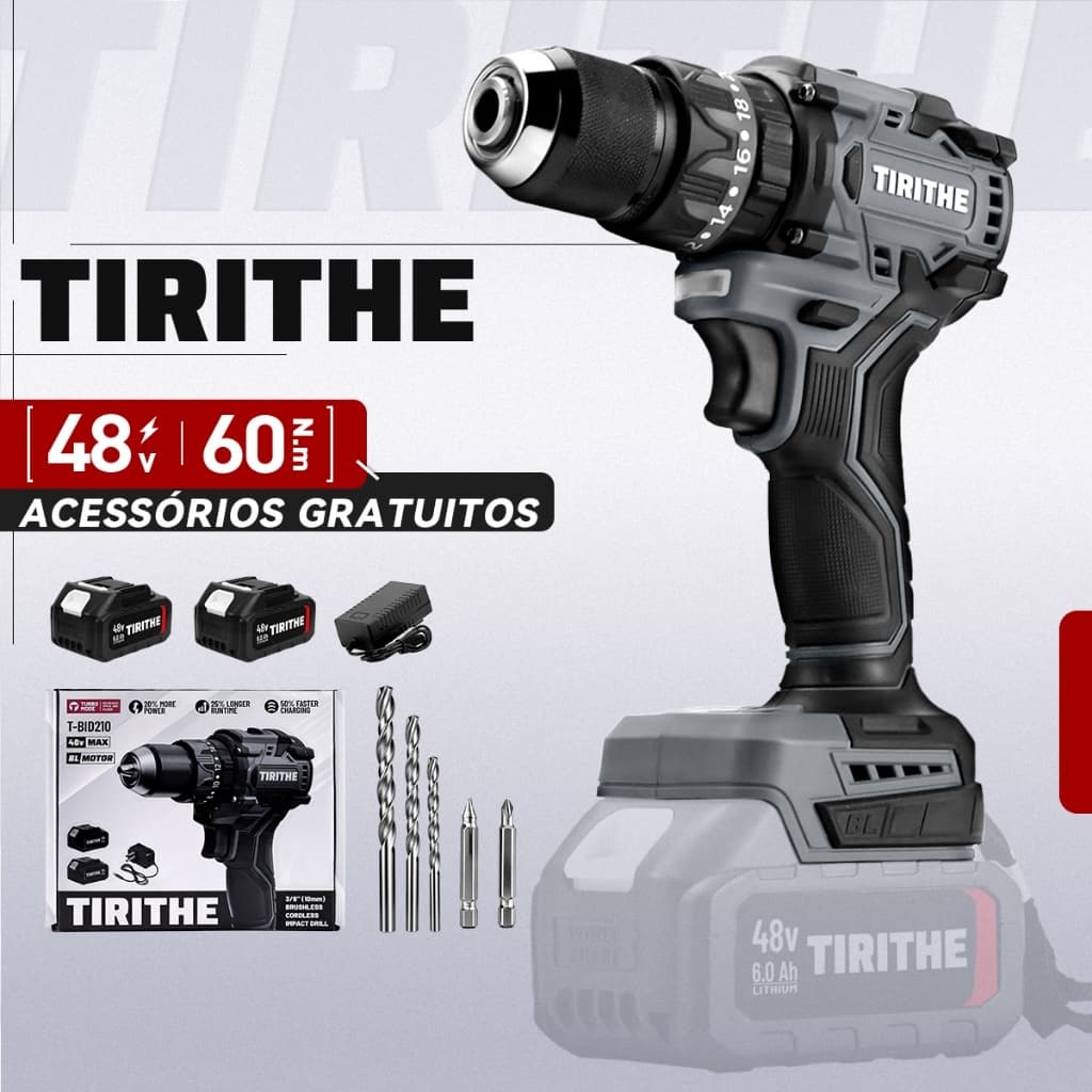 Parafusadeira Furadeira Sem Fio Brushless 48V 10mm Impacto Com 2 Baterias Portátil