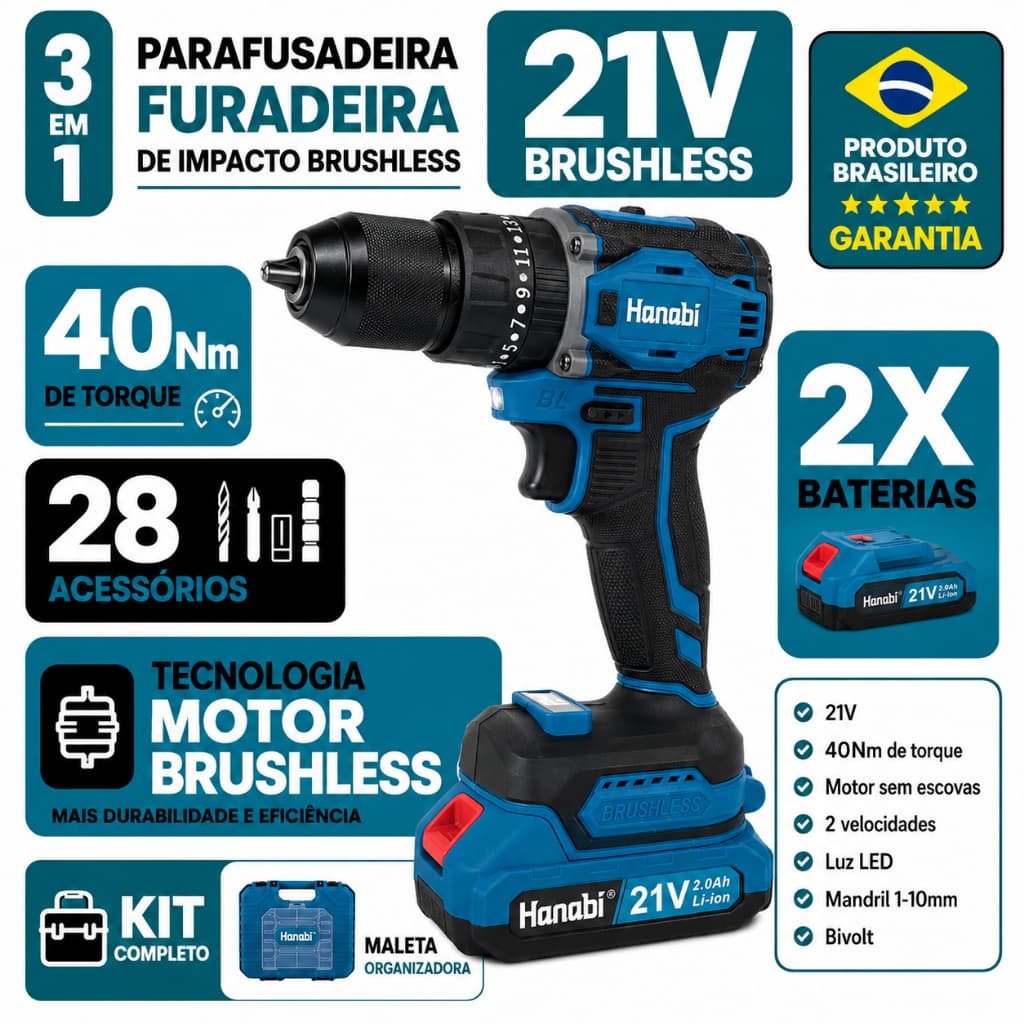 【Hanabi】Furadeira Parafusadeira Impacto 21v 2 Baterias Sem Escovas Azul-petróleo 127/220v 60hz