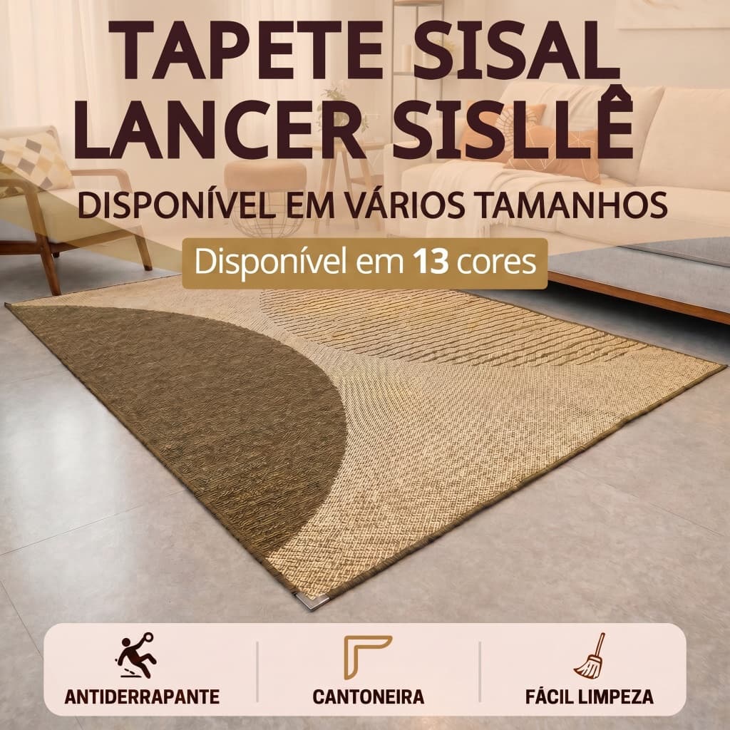 Tapete Sala Sisal Vários Tamanhos Antiderrapante Cantoneira Aço Cromado Quarto Escritório Salão