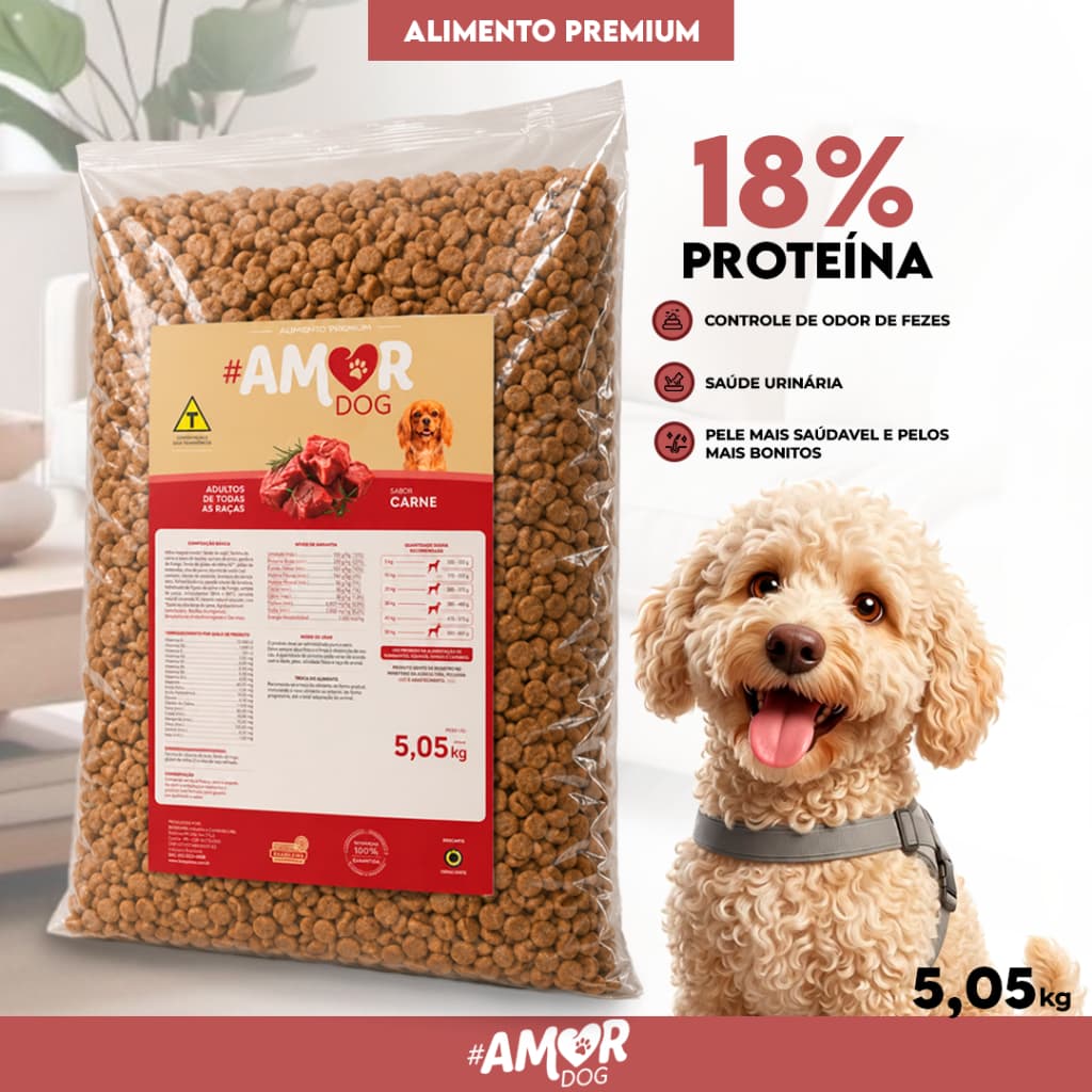 Ração 5kg Cachorro Sem Corante Adulto Todas as Raças Amor Dog Sabor Carne 18% Proteína