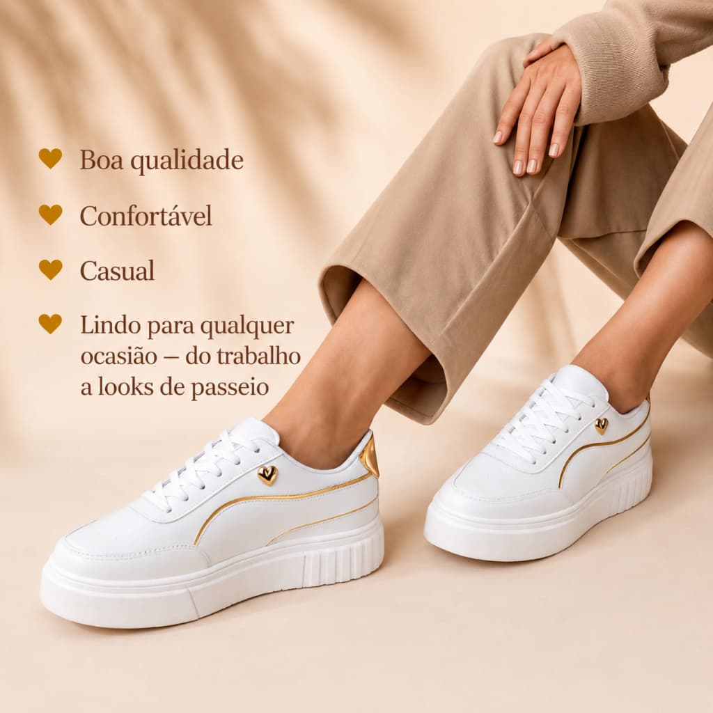 Tenis Feminino Casual Elegante Branco Confortável Sapato Calçado + Meia Socket De Brinde