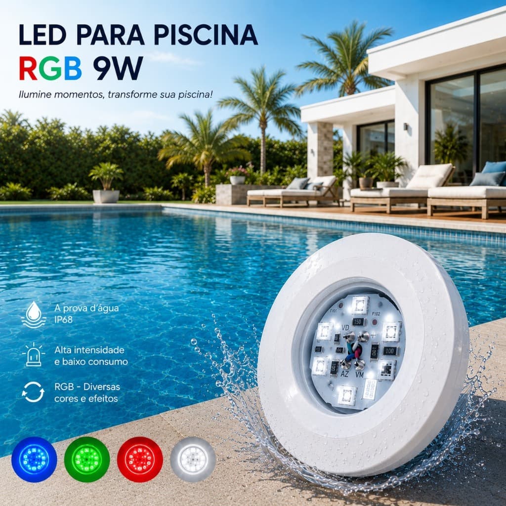 Luminária LED RGB 9W Para Piscina IP68 Refletor ABS 12V
