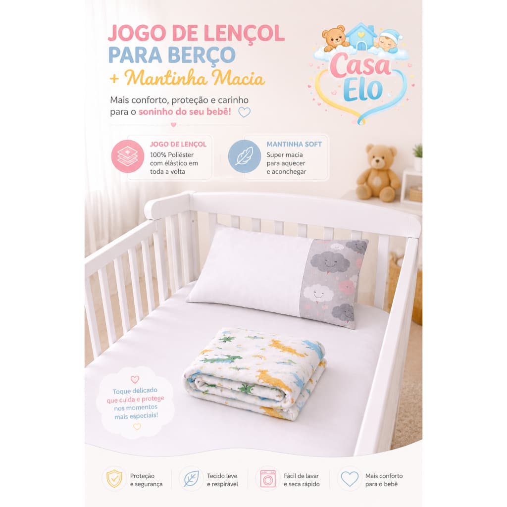 Kit Enxoval Bebê Jogo de Lençol para Berço Americano + Cobertor Mantinha Microfibra