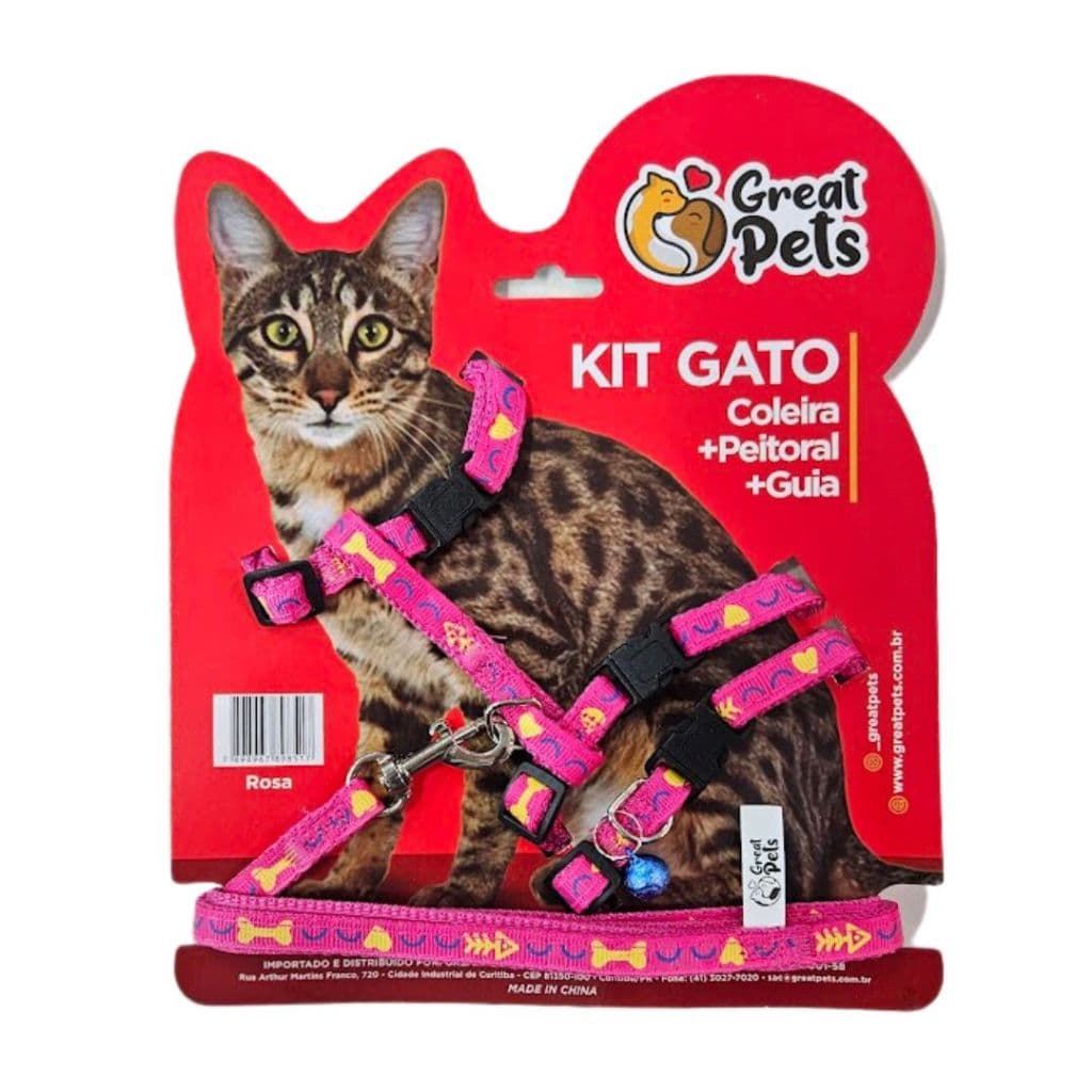 Kit Peitoral + Coleira + Guia Para Gatos Great Pets Cor Rosa-chiclete Viariados Tamanho Da Coleira Único