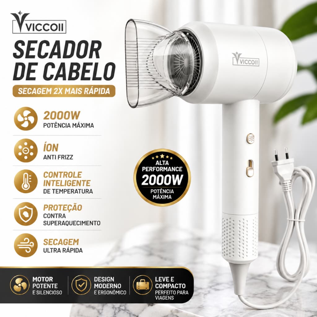 Secador de Cabelo Profissional 2000W Íon Anti Frizz Secagem Rápida Potente 110V / 220V