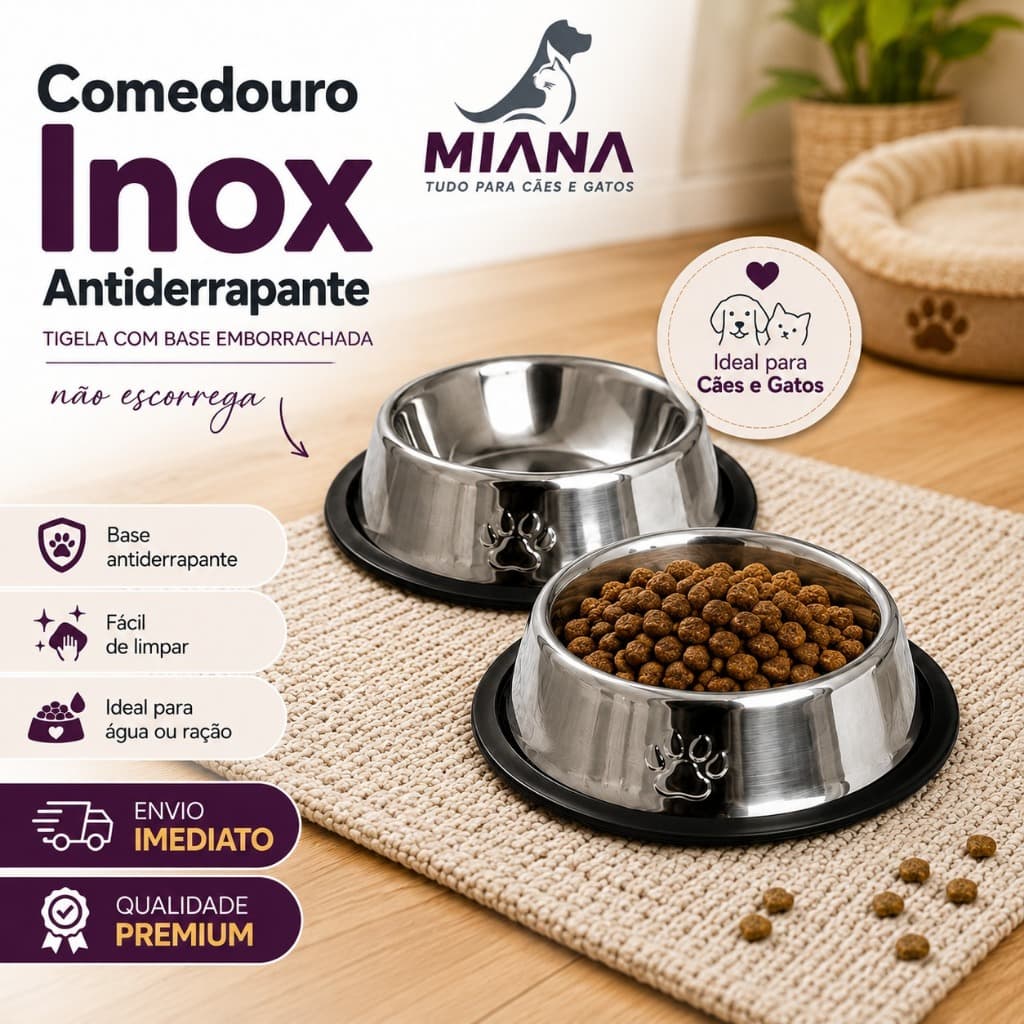 Kit 2 Comedouro Inox Caes Gatos Antiderrapante Cachorro Alimentação Pote Tigela Ração Pet Comedor