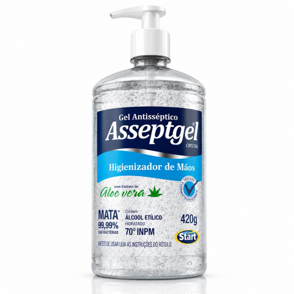 Álcool em Gel Antisseptico Asseptgel Cristal Aloe Vera 420g Hidratante Com Válvula Pump