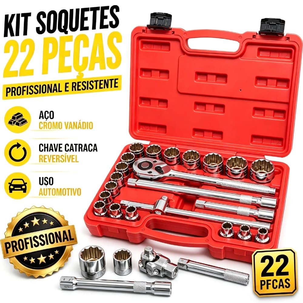 Kit Jogo Soquetes Estriados 22 Pçs Chave Catraca Reversível Originial Profissional—Pronta Entrega
