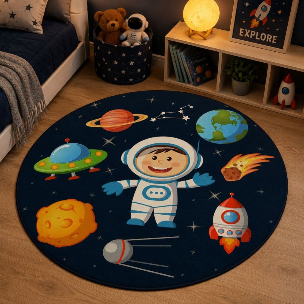 Tapete Redondo Decorativo Astronauta 88x88 Antiderrapante Para Sala, Quarto e Escritório 2241