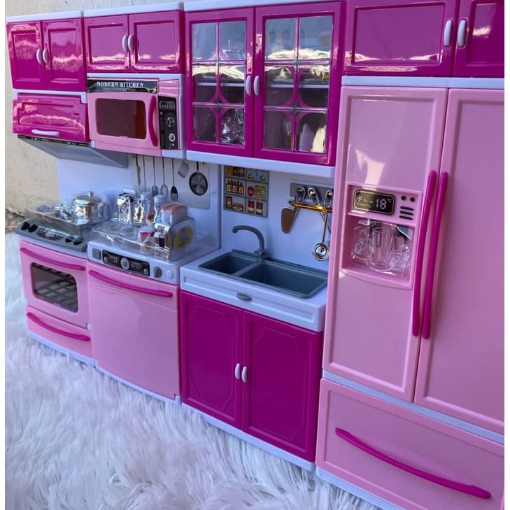Cozinha Infantil Kit Geladeira Fogão Armarios Microondas E Utensilios Menina Encantada
